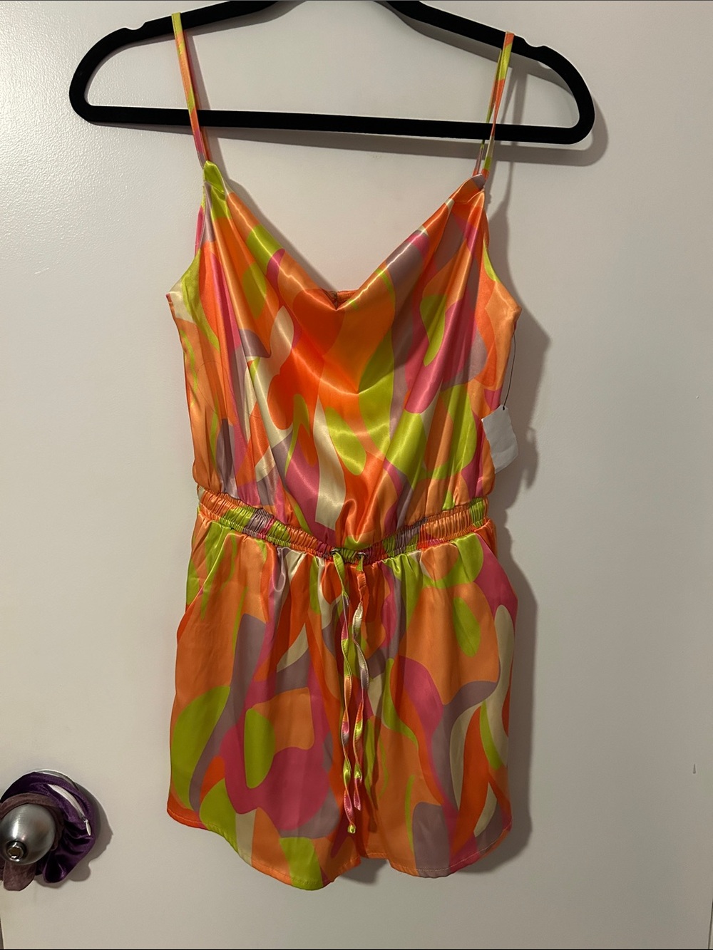 AKIRA Orange, Pink & Lime Green Satin Romper